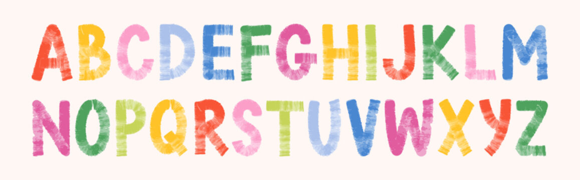 Colorful felt tip alphabet with hand drawn uppercase letters. Bright playful font with smooth lines and childly shapes. Vector typography on light background.