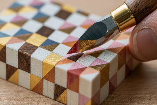 Close-up of a Japanese marking tool aligning with a Yosegi-zaiku wood mosaic block, showcasing traditional Hakone marquetry precision and multicolored geometric timber inlay