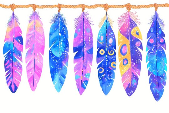 Colorful boho feather garland hanging on a rope. Decorative watercolor illustration of ethnic style feathers for whimsical artistic projects. Festive bohemian decor and tribal design.