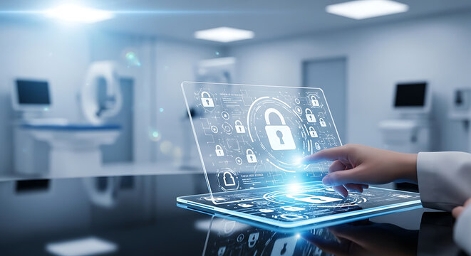 Medical HIPAA Compliance and Patient Data Privacy Protection Concept with Doctor Touching Futuristic Secure Digital Interface in a Modern Hospital