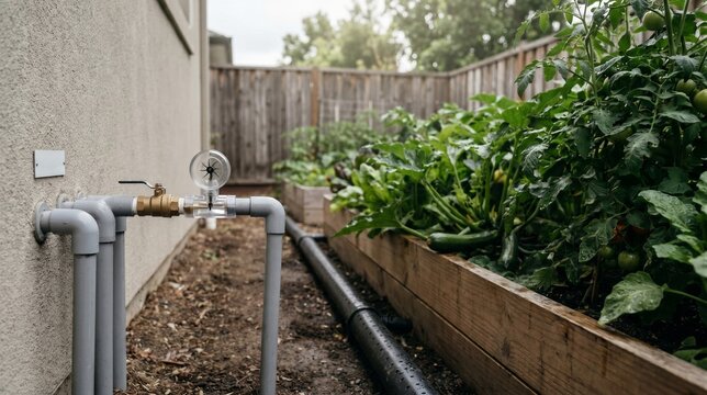Drip irrigation system setup with a flow meter and valve installed along a raised vegetable garden bed next to a house wall