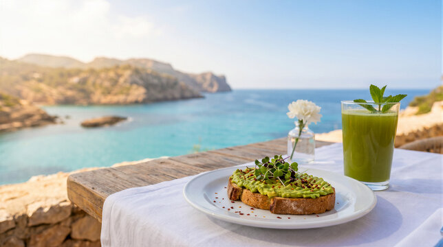 Healthy breakfast with avocado toast and green juice served on a terrace overlooking the beautiful mediterranean sea in mallorca