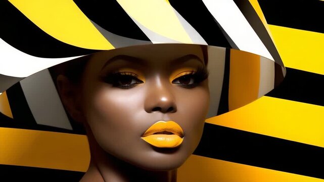 A model poses with striking makeup and a hat. The backdrop features bold patterns in yellow and black. The focus is on the makeup details and fashion.