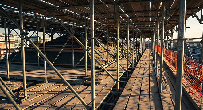 Industrial metal scaffolding roof structure on a building site for renovation with wooden walkways and safety netting overlooking the city at sunset
