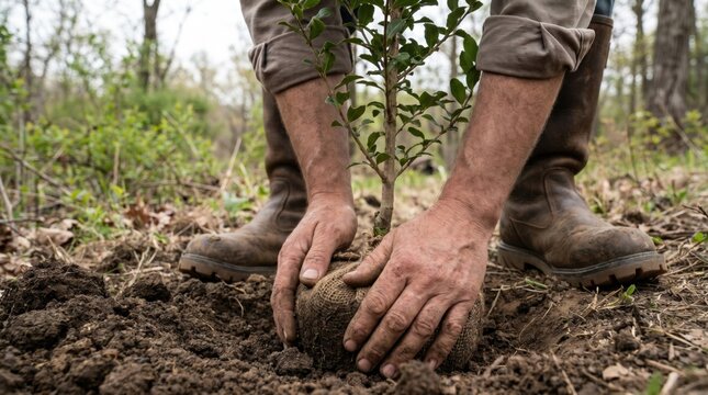 Hands planting a small sapling tree with a burlap root ball into the forest soil