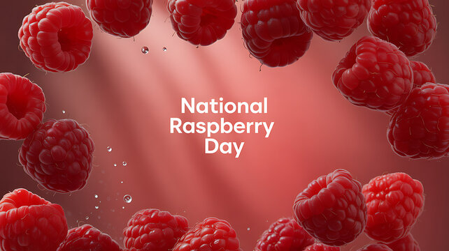 National Raspberry Day celebration with fresh raspberries arranged in a circular pattern against a red gradient background