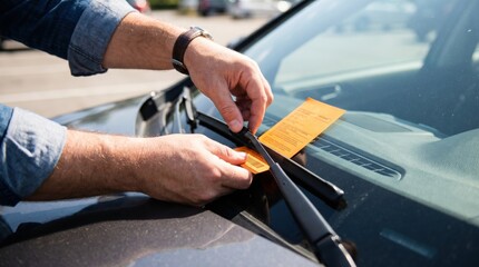 Naklejka premium Traffic enforcement officer placing a yellow parking citation ticket under the windshield wiper of a car