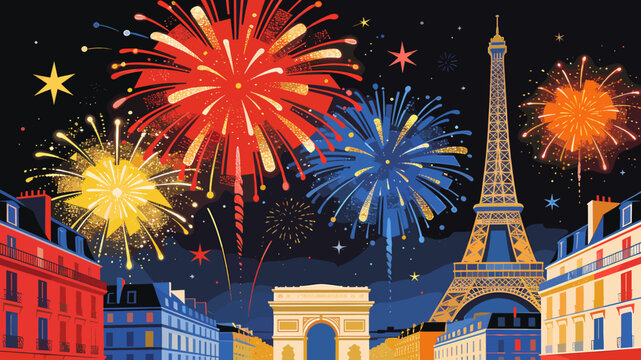 Spectacular fireworks illuminate the Parisian skyline over the Eiffel Tower and Arc de Triomphe during a vibrant celebration.