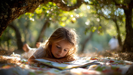 A peaceful little girl lying on a blanket in the garden, reading a book and developing her imagination under warm sunlight during summer holiday.