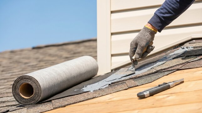 Professional Roofer Applying Sealant with Trowel on Residential Roof Repair Project