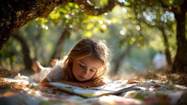 A peaceful little girl lying on a blanket in the garden, reading a book and developing her imagination under warm sunlight during summer holiday.