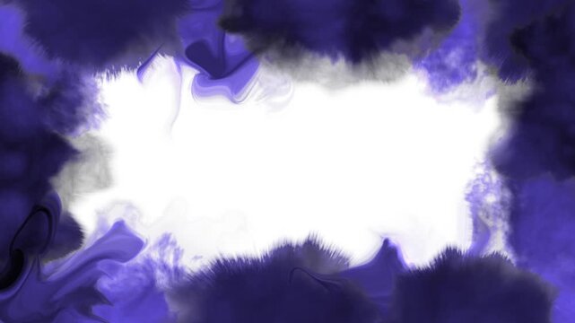 Purple ink droplets spreading around the edges of the frame, forming an ink bleed border, on a white background.
