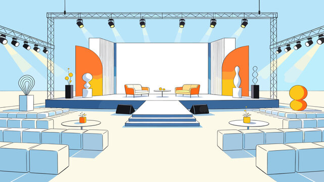 A modern stage setup for a conference or presentation, featuring a central screen, seating areas, and decorative elements.