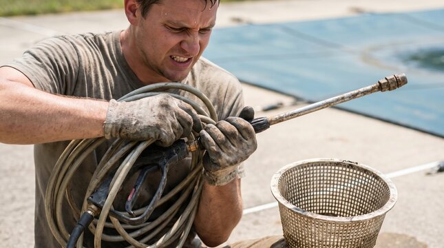 Frustrated young man struggling with tangled pressure washer hose and wand during outdoor pool maintenance and cleaning work