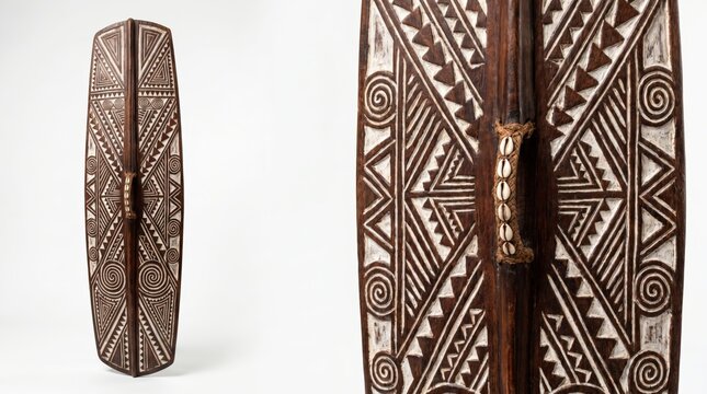 Traditional Hand-Carved Tribal Shield with Intricate Geometric Patterns and Shell Detail
