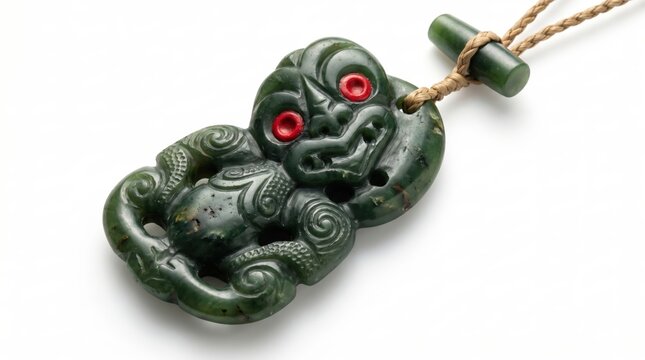 Traditional Maori Greenstone Hei Tiki Pendant Necklace Isolated on White