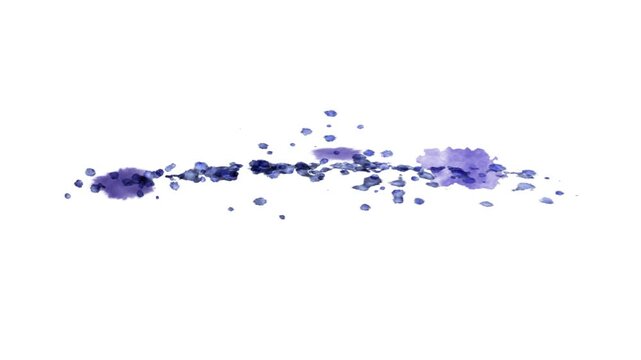 Ink splatter element, with purple ink droplets quickly hitting and slowly expanding over a white background