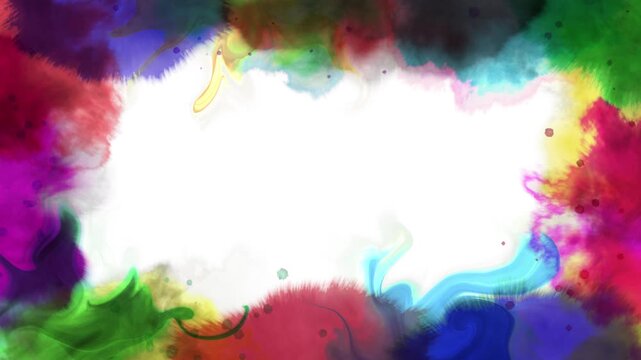 Multicolor ink droplets spreading around the edges of the frame, forming a colorful ink bleed border on a white background.