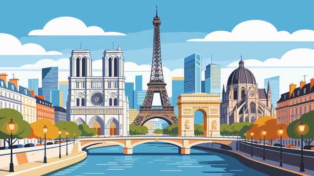 A vibrant cartoon illustration of the iconic Paris skyline with the Eiffel Tower, Notre Dame, Arc de Triomphe, and Seine River under a blue sky.