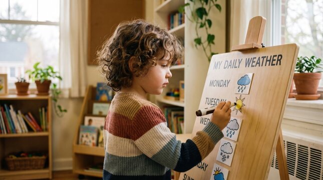 A young child interacts with a wooden weather chart in a bright room. This montessori activity encourages routine and observation of nature. Great for educational and parenting content.