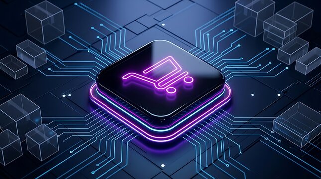 Ikon Keranjang Belanja Neon Digital Di Atas Papan Sirkuit Komputer, Melambangkan E-commerce dan Teknologi Belanja Online Modern