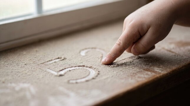 Small finger traces numbers in thick dust layer on windowsill. Sensory learning through touch and play. Ideal for education and parenting content.