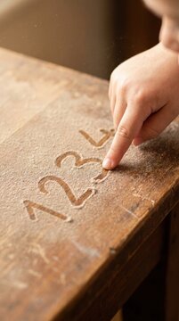 Child finger traces numbers in flour on wooden table. Sensory Montessori activity promotes early math skills and motor development. Perfect for educational blogs or parenting articles.