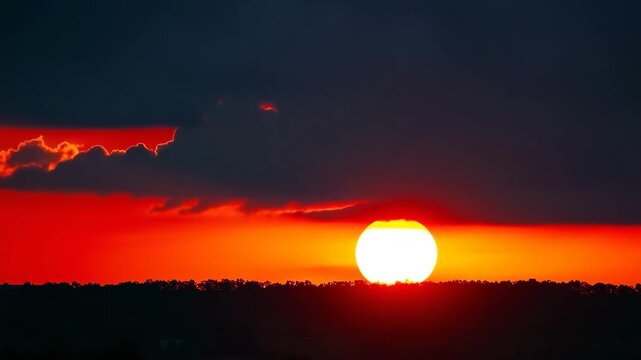 The sun sets over the horizon, showing different colors and cloud shapes. The light changes as the day ends and the sky becomes darker.