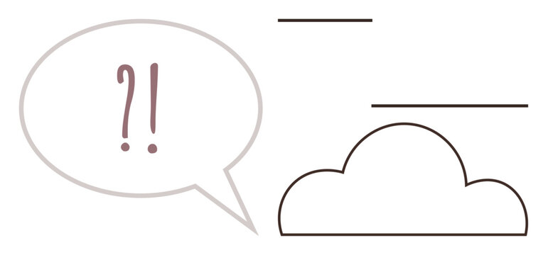 Communication, critical thinking, brainstorming, dialogue, problem solving, cloud services. Question and exclamation mark in a speech bubble with a cloud and parallel lines. Communication
