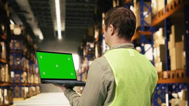 Isolated screen laptop with distribution hub staff near merchandise depot area. Inventory tracking and dispatch activity provide e-commerce operations and manual labor in warehouse.