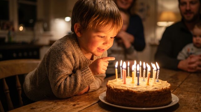 A small boy looks at lit birthday cake candles. Warm family atmosphere during home celebration. Concept for childhood milestones and family traditions.
