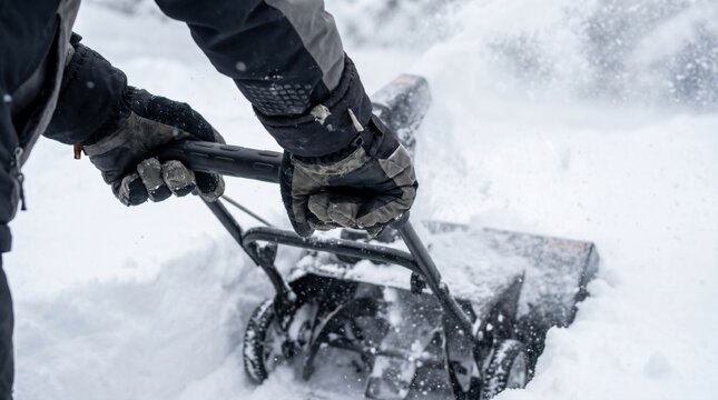 Person wearing winter gear pushing a mechanical snowblower to clear a thick layer of fresh snow from a path