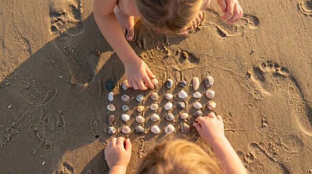 Children arrange sea shells in a grid on sandy beach. Educational nature exploration activity focusing on patterns and counting. Ideal for early childhood development and travel content.