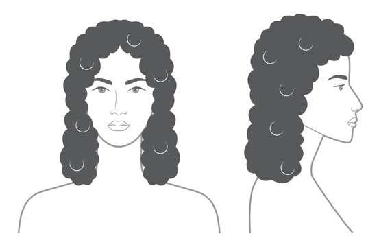 Spiral Afro Curls Ringlets hairstyle black white front profile views, tight curls volume texture for avatar, salon visuals, beauty chart, fashion illustration, hairstyle selection