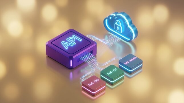 Isometric 3D API Integration and Cloud Security Concept with Data Flow and HTTP Methods GET POST DELETE