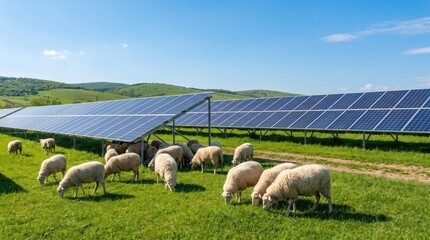 Fototapeta premium A flock of thick wooled sheep peacefully grazing on green grass directly underneath rows of elevated solar energy panels