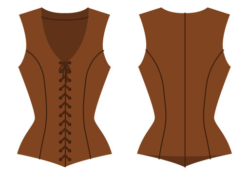Brown corset top with lace up closure at center creating structured fitted waist silhouette shaping seams clean construction lines. Technical fashion illustration in flat color, front back views