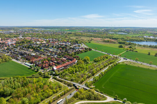 Aerial view of Vorsfelde district in Wolfsburg, Germany