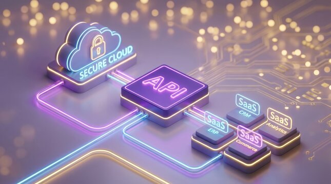 Secure Cloud API Integration and SaaS Software Architecture 3D Isometric Illustration with Glowing Neon Data Connections