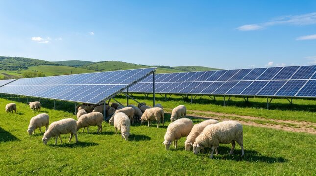 A flock of thick wooled sheep peacefully grazing on green grass directly underneath rows of elevated solar energy panels
