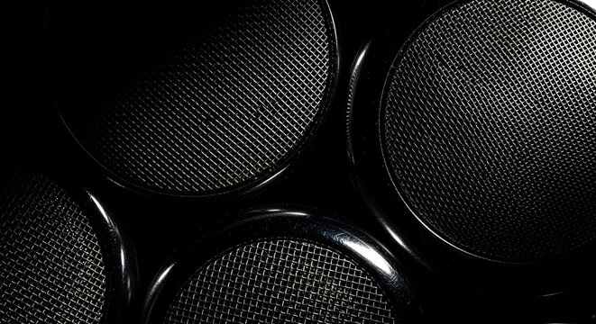 Close-up abstract view of multiple circular metal grilles with intricate textured patterns, creating a modern, industrial aesthetic