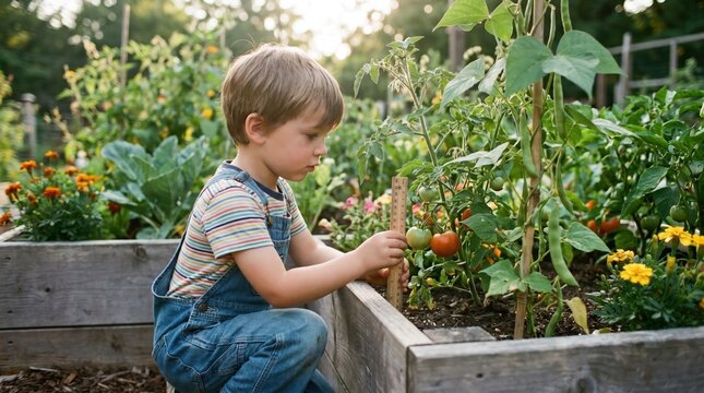 A young boy in denim overalls measures a tomato plant using a wooden ruler in a sunny garden. This image captures outdoor learning and nature exploration. Great for educational content.