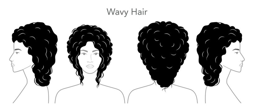 Wavy Hair hairstyle black white vector front back profile views, soft waves layered structure for salon, hairdresser guide, beauty reference, fashion illustration, hairstyle catalog