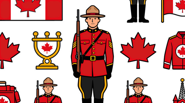Illustration of Canadian symbols including a Royal Canadian Mounted Police officer in red serge uniform, maple leaves, and the Canadian flag.