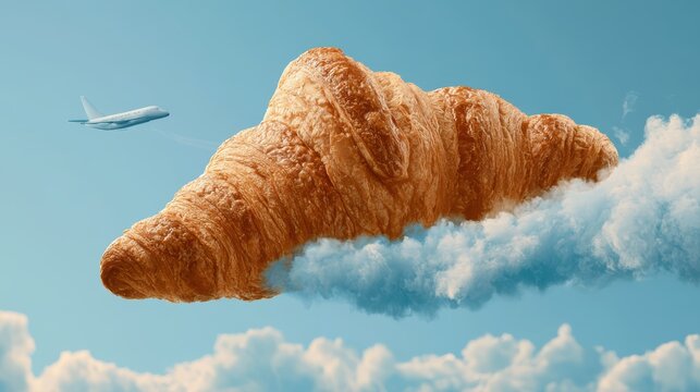Surreal silliness, a giant perfectly baked croissant floating like a cloud in a blue sky with a tiny airplane flying past it, whimsical food art