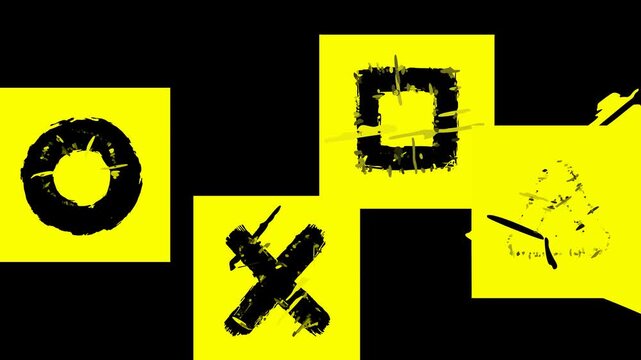 Dynamic graphic composition featuring abstract distressed symbols in vibrant yellow and black, evoking energetic movement and modern artistic expression