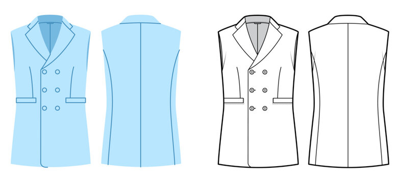 Sleeveless double breasted vest blazer with structured shaping and fitted silhouette featuring tailored construction and refined clean lines. Technical fashion illustration in black white color, front