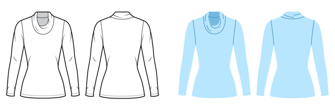 Long sleeve cowl neck top draped neckline fitted silhouette, soft folds shaping upper part smooth structure. Technical fashion illustration in black white color, front back views, CAD template. Vector