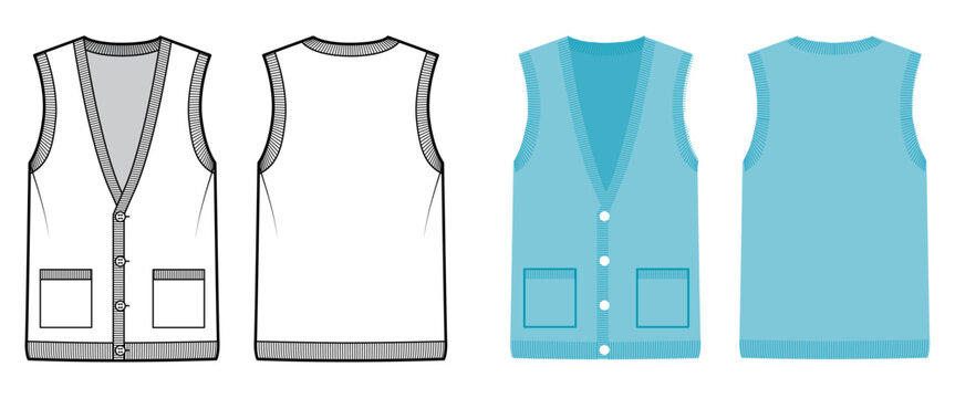 Sleeveless knit vest with button closure and ribbed edges creating fitted silhouette with soft structure and clean knitted detailing. Technical fashion illustration in black white color, front back