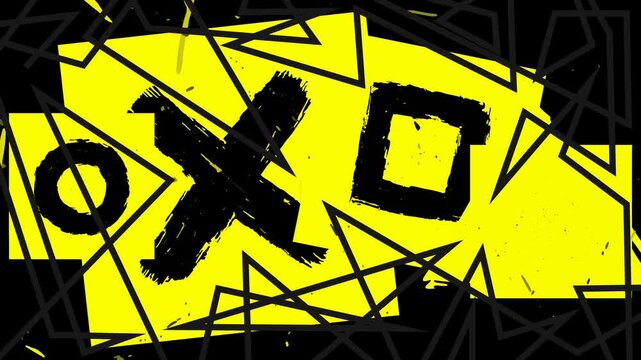 Bold Yellow and Black Abstract Design with Geometric Shapes and Scratchy Lines